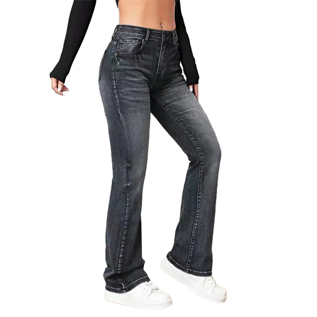 CommuterFlares™ Denim – Mid Waist Streetwear Flare Jeans | Vintage Wash Button-Up Spliced Pants for Women