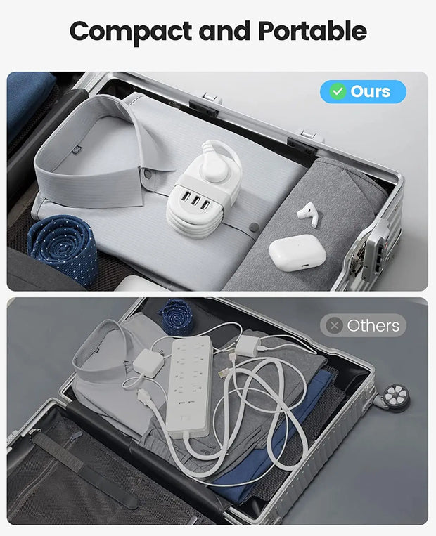 5-in-1 Travel Power Strip – 2 AC Outlets + 3 USB Fast Charging Ports + Type-C, Compact Extension Cord with Surge Protection