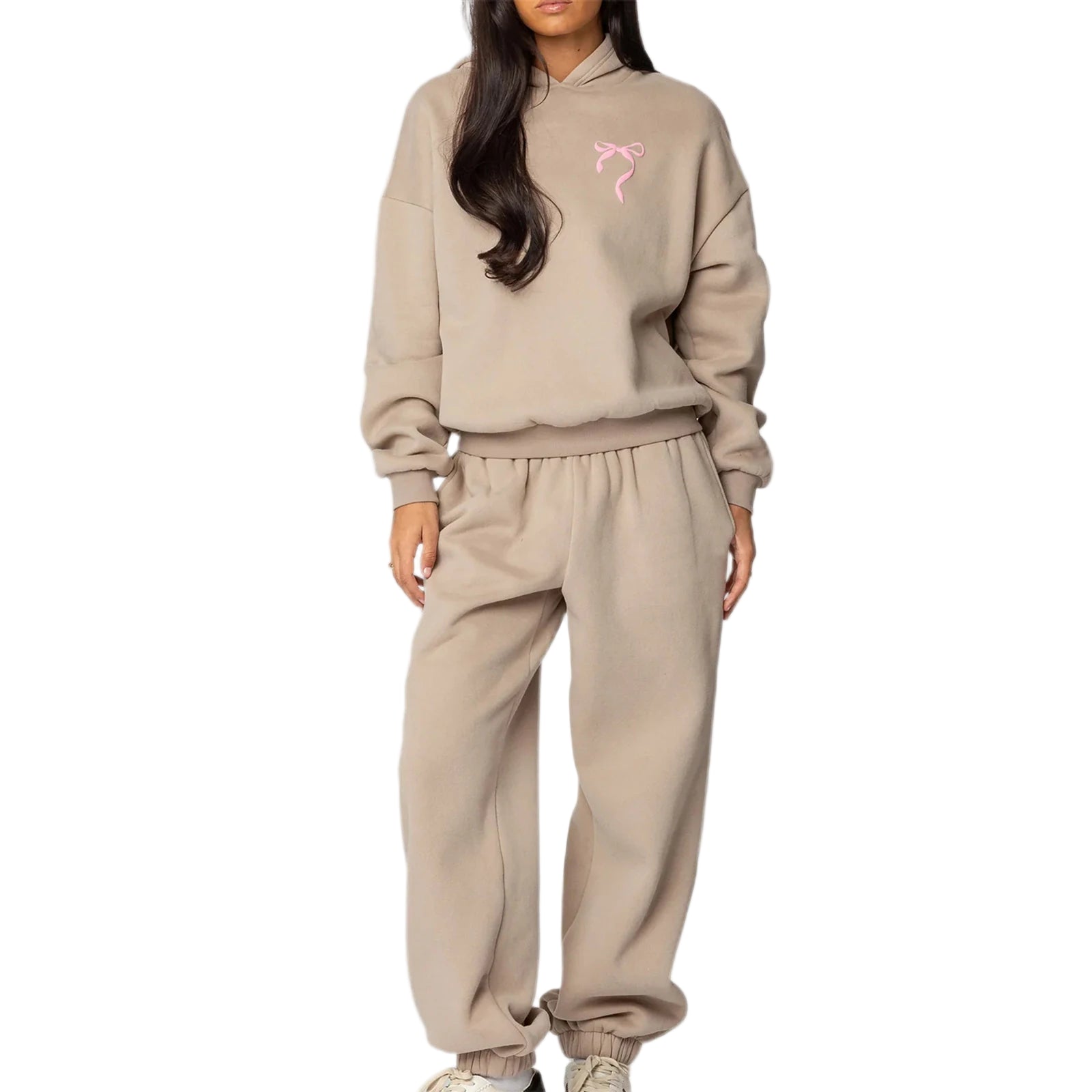 Women’s 2-Piece Bow Embroidered Cotton Hoodie & Jogger Set - Soft Velour Feel Tracksuit | Casual High-Waist Pants