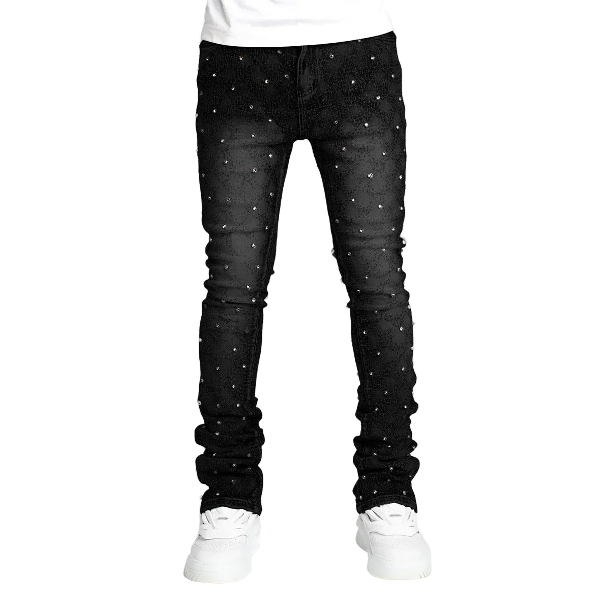 Men's Layered Pearl Stacked Denim Jeans - Straight-Leg Stretch Fit | Fashion Streetwear Stacked Jeans