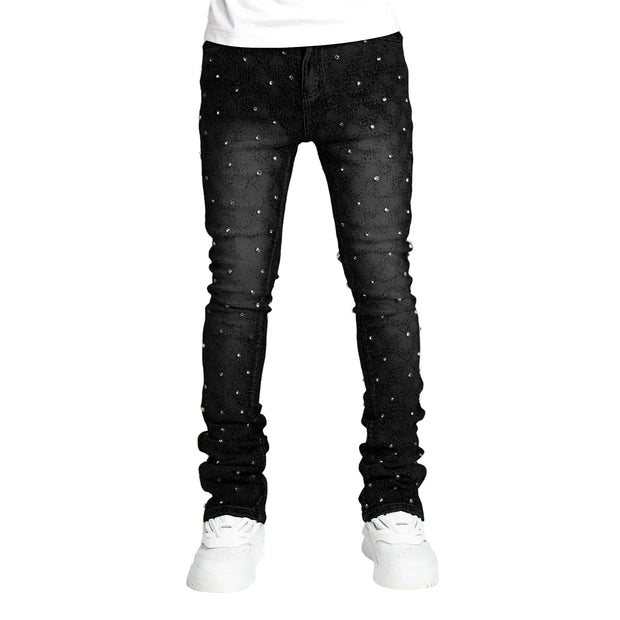 Men's Layered Pearl Stacked Denim Jeans - Straight-Leg Stretch Fit | Fashion Streetwear Stacked Jeans