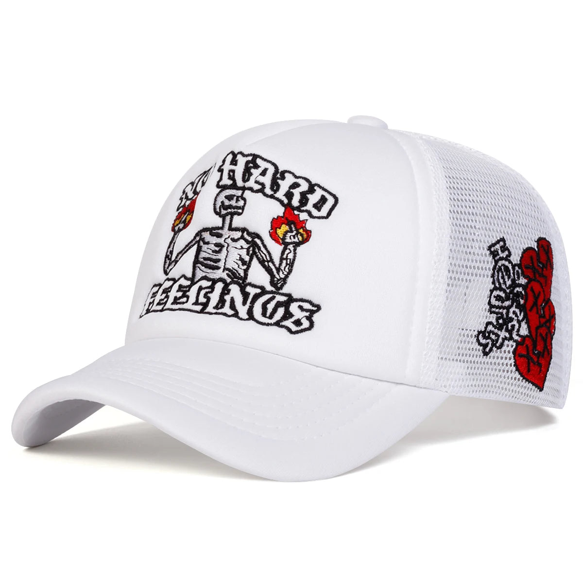 No Hard Feelings Skull Trucker Cap - Flame Mesh Snapback Hat | Adjustable Summer Streetwear Hat