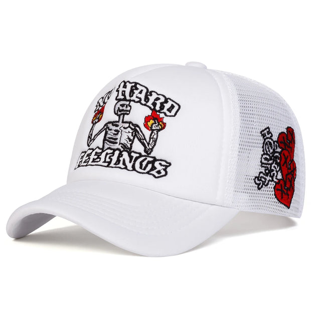 No Hard Feelings Skull Trucker Cap - Flame Mesh Snapback Hat | Adjustable Summer Streetwear Hat