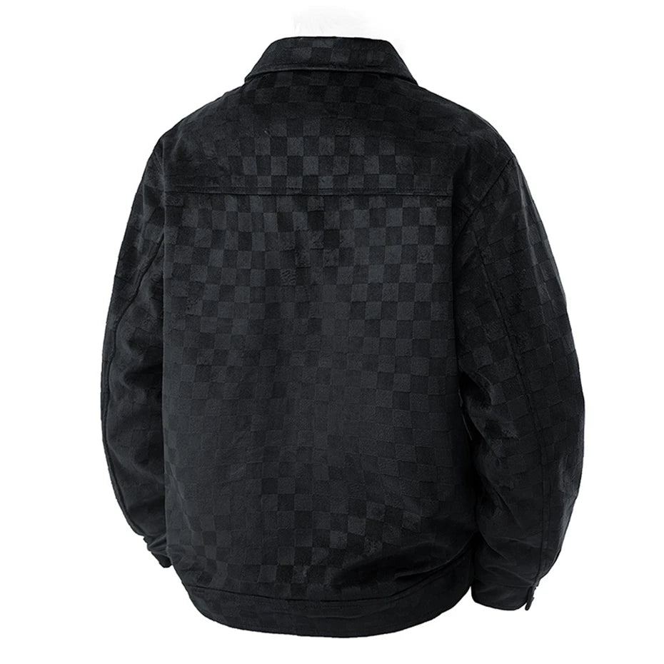 Men’s Black Suede Checkered Jacket – Vintage Streetwear Outerwear, Turn-Down Collar, Button-Up Soft Plaid Jacket
