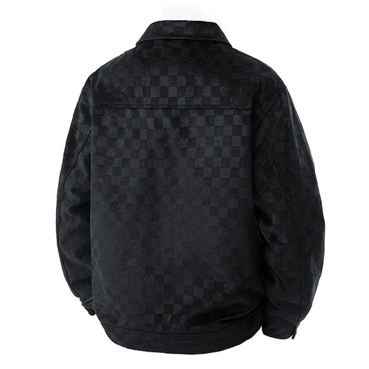 Men’s Black Suede Checkered Jacket – Vintage Streetwear Outerwear, Turn-Down Collar, Button-Up Soft Plaid Jacket