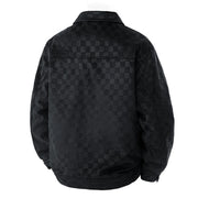 Men’s Black Suede Checkered Jacket – Vintage Streetwear Outerwear, Turn-Down Collar, Button-Up Soft Plaid Jacket