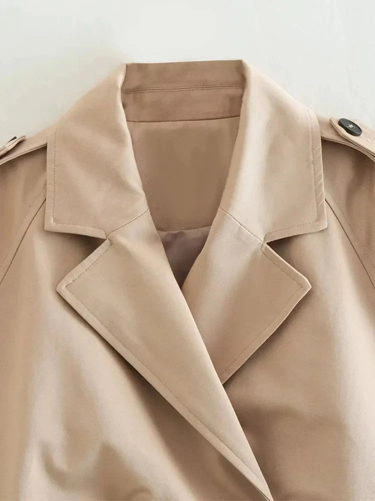 Belted Cropped Trench Jacket - Women’s Vintage Double Breasted Streetwear Coat, Spring Casual Outwear