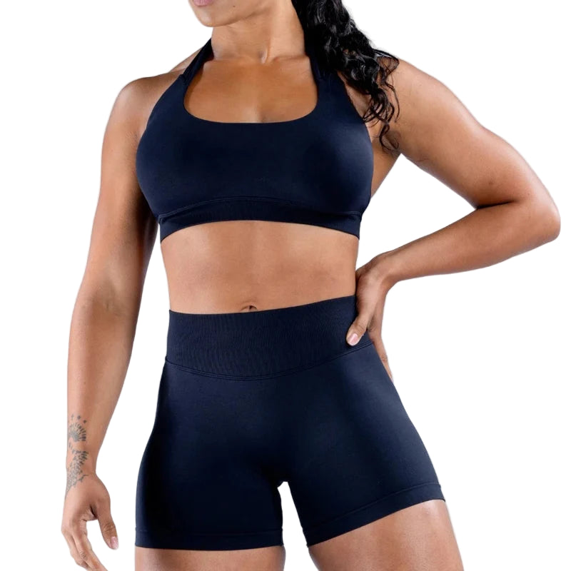 Seamless Yoga Set - 2 Piece Halter Sport Bra & Scrunch Bum Shorts - Breathable Quick-Dry Gym Outfit
