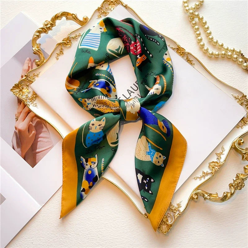 Roman Chain Silk Scarf - 70cm Elegant Simulated Silk Geometric Square Headwear for Women All Seasons