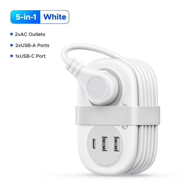 5-in-1 Travel Power Strip – 2 AC Outlets + 3 USB Fast Charging Ports + Type-C, Compact Extension Cord with Surge Protection