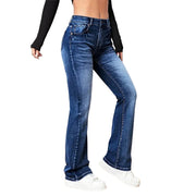 CommuterFlares™ Denim – Mid Waist Streetwear Flare Jeans | Vintage Wash Button-Up Spliced Pants for Women