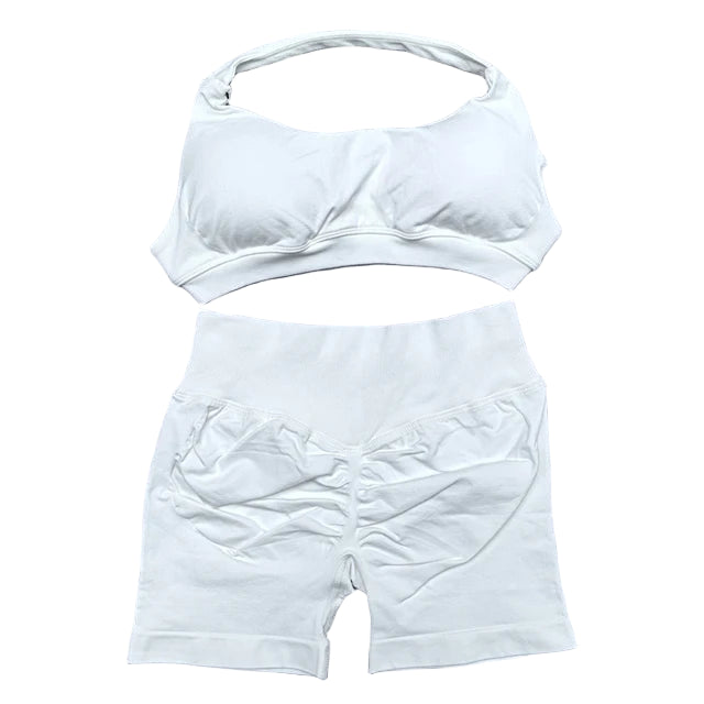 Seamless Yoga Set - 2 Piece Halter Sport Bra & Scrunch Bum Shorts - Breathable Quick-Dry Gym Outfit