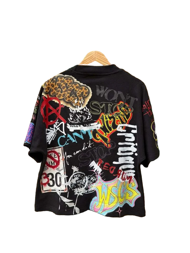 Punk Graffiti Rock Letter Oversized T-Shirt - Graffiti Y2K Hip Hop Streetwear Cotton Tee