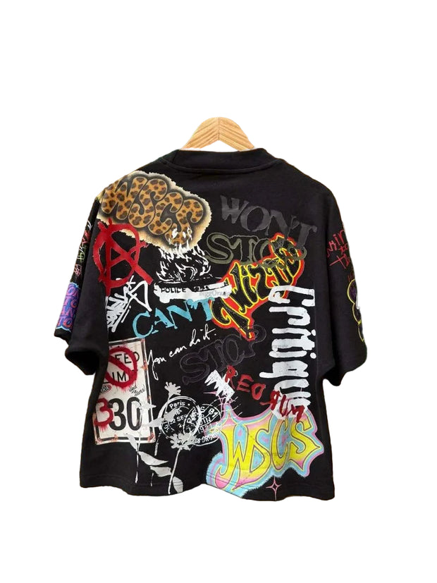 Punk Graffiti Rock Letter Oversized T-Shirt - Graffiti Y2K Hip Hop Streetwear Cotton Tee