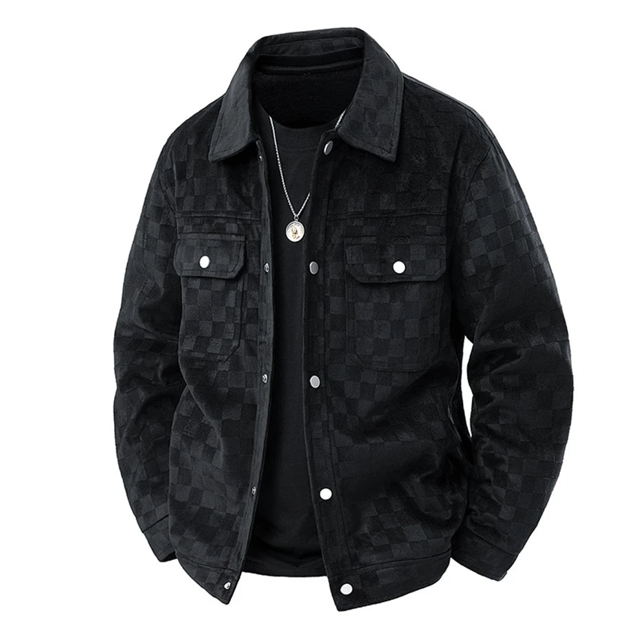 Men’s Black Suede Checkered Jacket – Vintage Streetwear Outerwear, Turn-Down Collar, Button-Up Soft Plaid Jacket