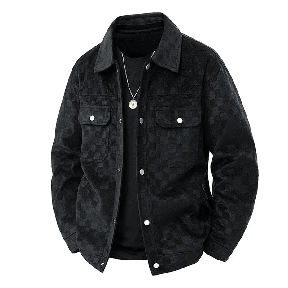 Men’s Black Suede Checkered Jacket – Vintage Streetwear Outerwear, Turn-Down Collar, Button-Up Soft Plaid Jacket - Legendary Branding