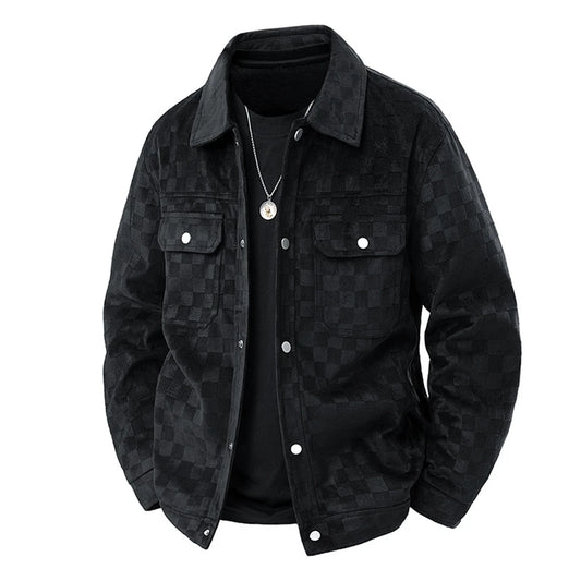 Men’s Black Suede Checkered Jacket – Vintage Streetwear Outerwear, Turn-Down Collar, Button-Up Soft Plaid Jacket