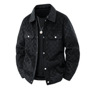 Men’s Black Suede Checkered Jacket – Vintage Streetwear Outerwear, Turn-Down Collar, Button-Up Soft Plaid Jacket
