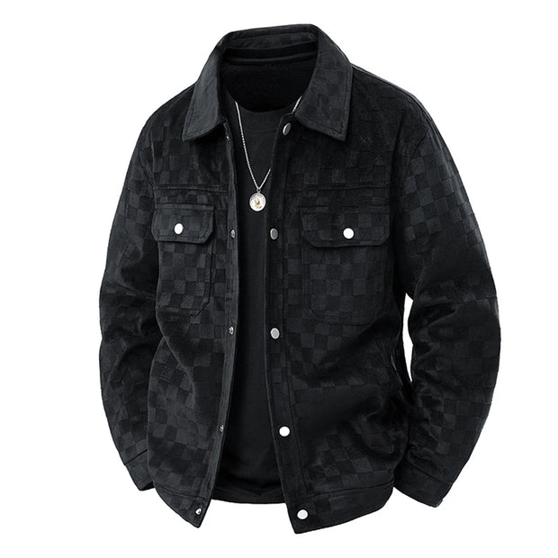 Men’s Black Suede Checkered Jacket – Vintage Streetwear Outerwear, Turn-Down Collar, Button-Up Soft Plaid Jacket