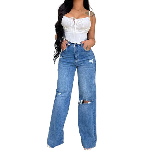 Skycut Denim Pants – High Waist Wide-Leg Jeans, Ankle-Length Streetwear, Women's Baggy Fit Trousers