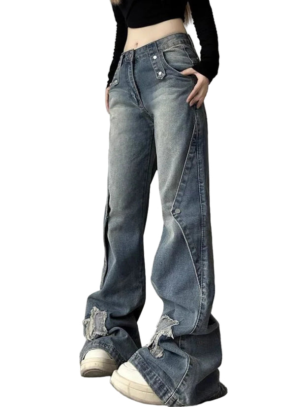 HarajukuFlare™ Y2K Wide Leg Jeans – High Waist Vintage Denim | Slim Fit Streetwear Ripped Pants for Women