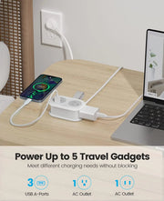 5-in-1 Travel Power Strip – 2 AC Outlets + 3 USB Fast Charging Ports + Type-C, Compact Extension Cord with Surge Protection