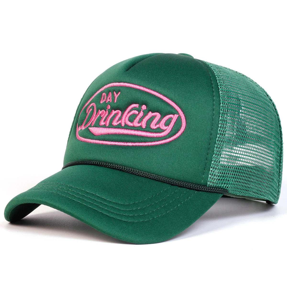 "DAY DRINKING" Trucker Hat - Embroidered Mesh Snapback | Adjustable Unisex Cap for Summer Vibes