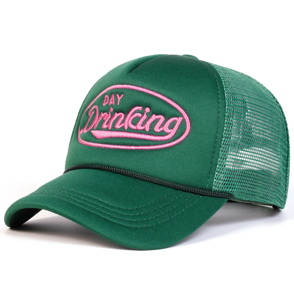 "DAY DRINKING" Trucker Hat - Embroidered Mesh Snapback | Adjustable Unisex Cap for Summer Vibes - Legendary Branding