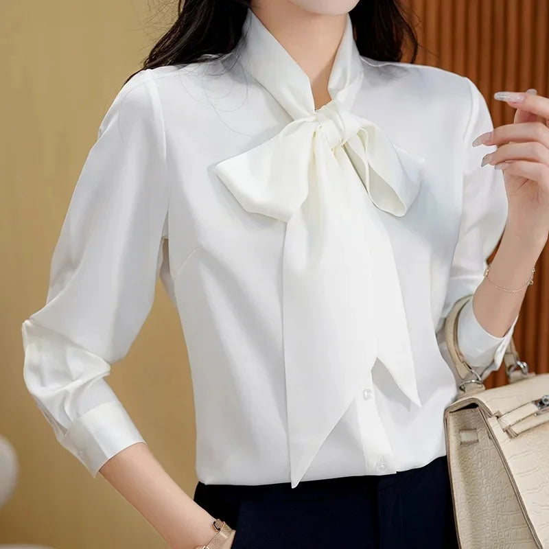 Silk Satin Bow-Tie Blouse - Women’s Long Sleeve Lightweight Sash Shirt | Elegant Spring Top