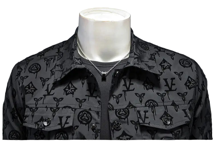 Men’s Black Monogram Flower Jacket – Slim Fit Street Luxury Outerwear, Turn-Down Collar, Button-Up Statement Coat