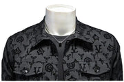 Men’s Black Monogram Flower Jacket – Slim Fit Street Luxury Outerwear, Turn-Down Collar, Button-Up Statement Coat