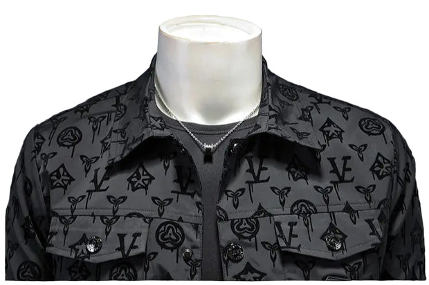 Men’s Black Monogram Flower Jacket – Slim Fit Street Luxury Outerwear, Turn-Down Collar, Button-Up Statement Coat