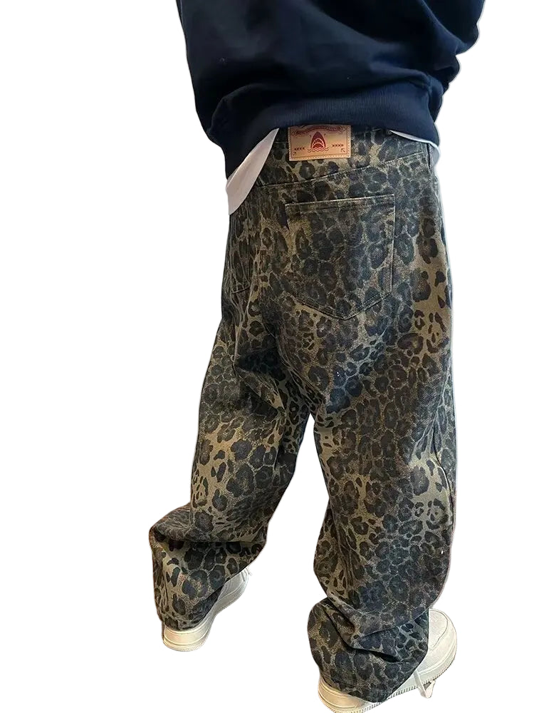 Tan Leopard Jeans – Oversized Wide-Leg Streetwear Pants, Hip Hop Vintage Loose Fit Men’s Denim Trousers