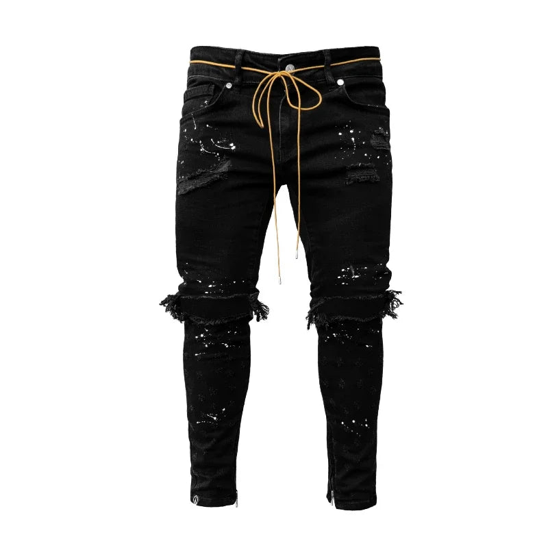 Mens Destroyed Skinny Jeans - Frayed Knee Denim with Zipper Ankles, Paint FX, Streetwear Skinny Streetwear Jeans