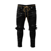 Mens Destroyed Skinny Jeans - Frayed Knee Denim with Zipper Ankles, Paint FX, Streetwear Skinny Streetwear Jeans