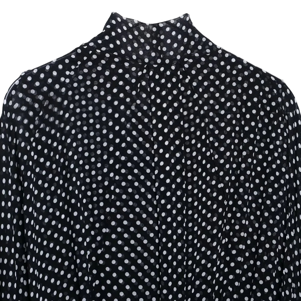Bow Embellished Polka Dot Cape-Style Loose Shirt - Women’s Fashion Top with Ribbon Collar & Long Sleeves