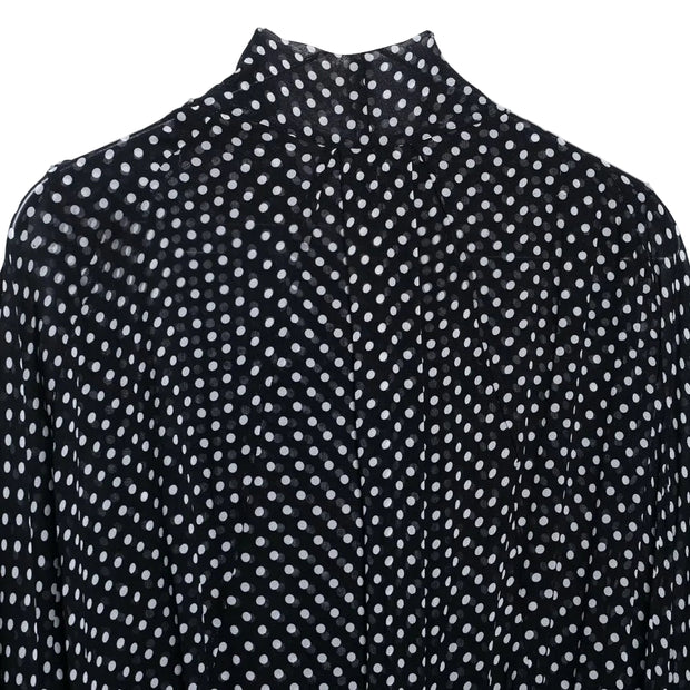 Bow Embellished Polka Dot Cape-Style Loose Shirt - Women’s Fashion Top with Ribbon Collar & Long Sleeves