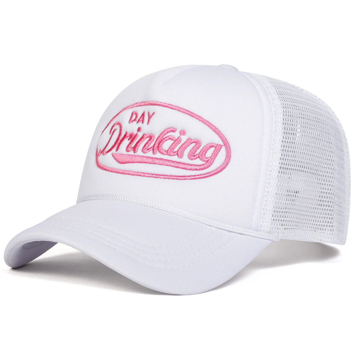 "DAY DRINKING" Trucker Hat - Embroidered Mesh Snapback | Adjustable Unisex Cap for Summer Vibes
