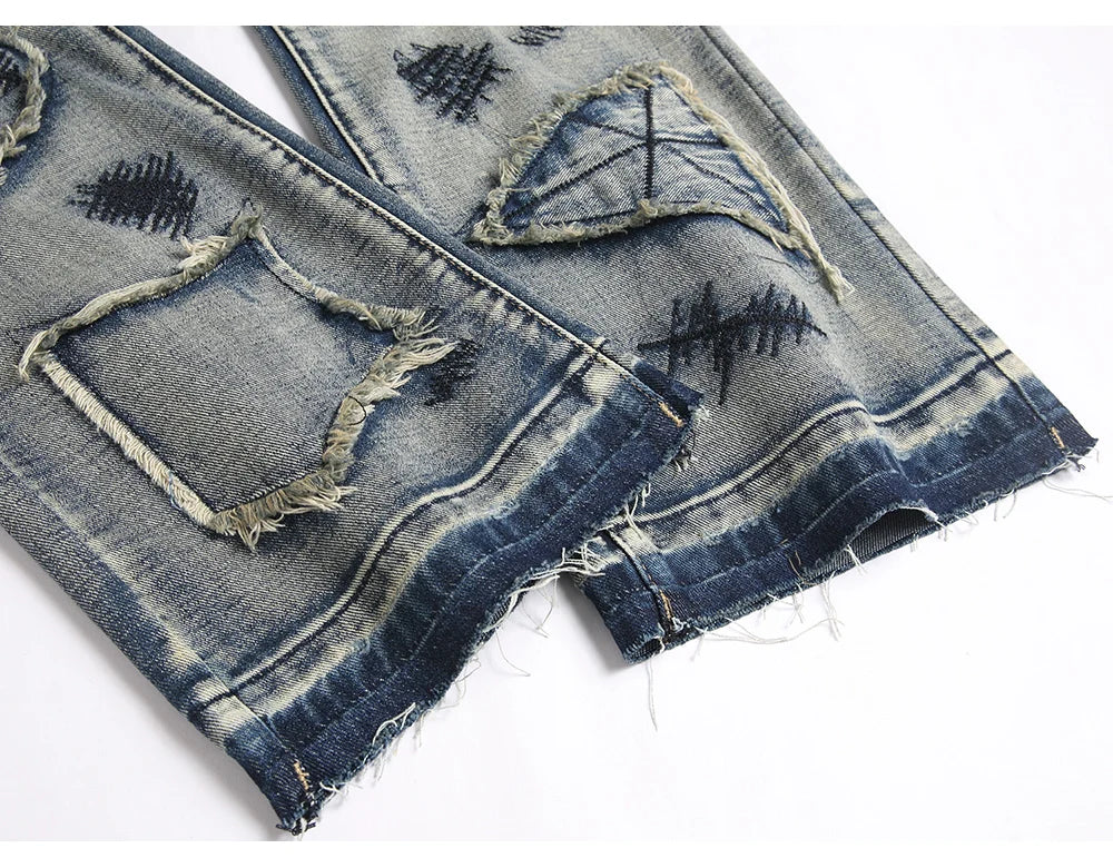 Men’s Bootcut Patchwork Jeans - Vintage Stacked Denim Jeans | Streetwear Embroidery Patched Released Hem Stacked Jeans