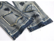 Men’s Bootcut Patchwork Jeans - Vintage Stacked Denim Jeans | Streetwear Embroidery Patched Released Hem Stacked Jeans