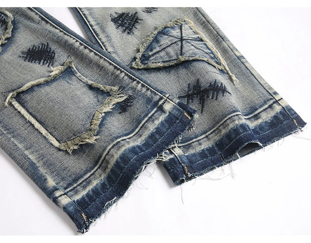 Men’s Bootcut Patchwork Jeans - Vintage Stacked Denim Jeans | Streetwear Embroidery Patched Released Hem Stacked Jeans