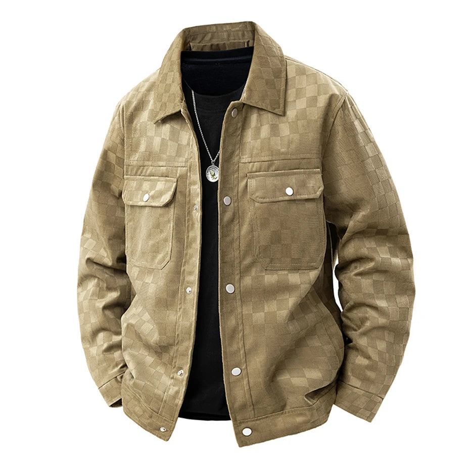 Men’s Black Suede Checkered Jacket – Vintage Streetwear Outerwear, Turn-Down Collar, Button-Up Soft Plaid Jacket