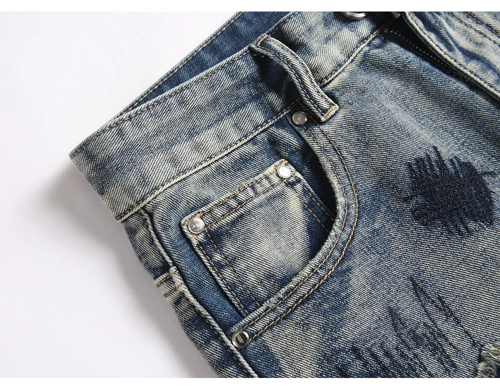 Men’s Bootcut Patchwork Jeans - Vintage Stacked Denim Jeans | Streetwear Embroidery Patched Released Hem Stacked Jeans