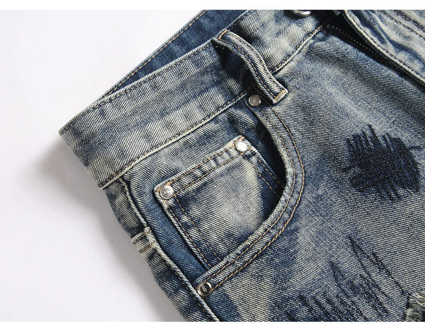 Men’s Bootcut Patchwork Jeans - Vintage Stacked Denim Jeans | Streetwear Embroidery Patched Released Hem Stacked Jeans