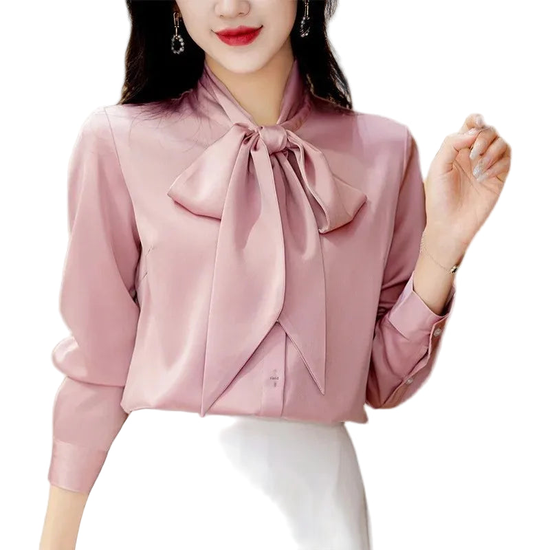 Silk Satin Bow-Tie Blouse - Women’s Long Sleeve Lightweight Sash Shirt | Elegant Spring Top