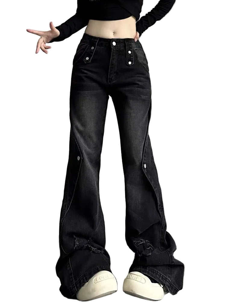 HarajukuFlare™ Y2K Wide Leg Jeans – High Waist Vintage Denim | Slim Fit Streetwear Ripped Pants for Women