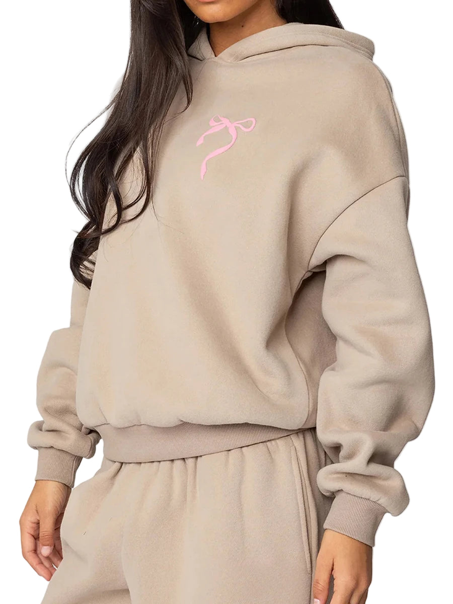 Women’s 2-Piece Bow Embroidered Cotton Hoodie & Jogger Set - Soft Velour Feel Tracksuit | Casual High-Waist Pants