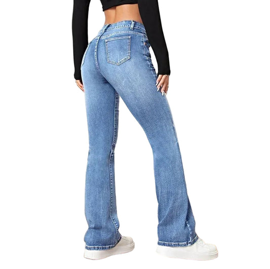 CommuterFlares™ Denim – Mid Waist Streetwear Flare Jeans | Vintage Wash Button-Up Spliced Pants for Women