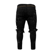 Mens Destroyed Skinny Jeans - Frayed Knee Denim with Zipper Ankles, Paint FX, Streetwear Skinny Streetwear Jeans