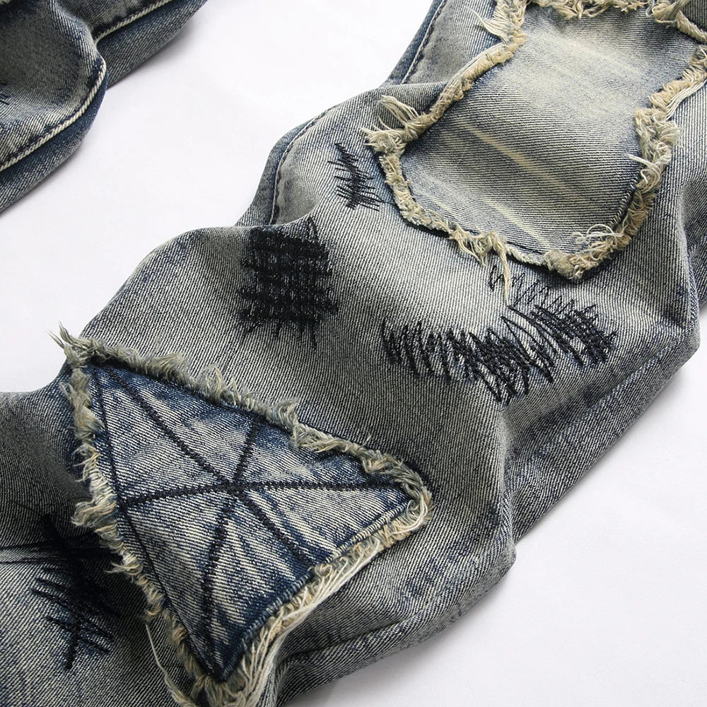 Men’s Bootcut Patchwork Jeans - Vintage Stacked Denim Jeans | Streetwear Embroidery Patched Released Hem Stacked Jeans